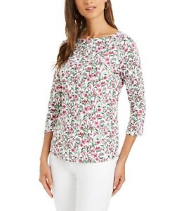 Charter Club Womens Cotton Floral Print Boat Neck Top Bright White Size XL