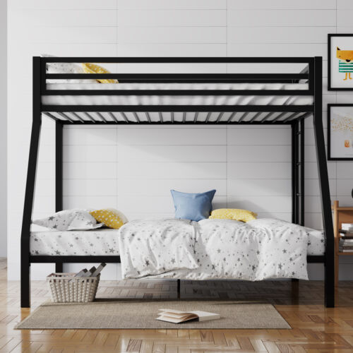 Heavy Duty Metal Bunk Bed Frame Twin Over Full Size with Removable Stairs, Black
