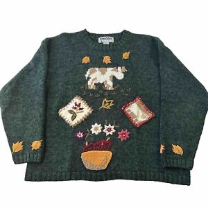 Vintage Gina Peters Knit Sweater Farm Cow Sheep Lamb Floral Flower Pot Leaves