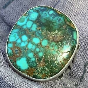1920s Mens Old Navajo Pawn Silver Blue Green Waterwebbed Turquoise Pinky Ring