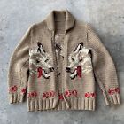 Vtg 60s 70s Heavy Knit Cowichan Wolf Wolves Cardigan Sweater MD/LG USA