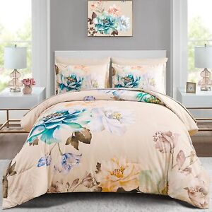 Floral Comforter Set Queen Size 7 Pieces Bed in A Bag Green Flower Leaves Sof...