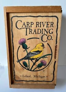New ListingCarp River Trading Co Wooden Wine Box Leland MI Rod Lawrence Sign Yellow Finch