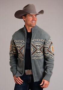 Stetson Mens Aztec Border Grey Cotton/Wool L/S Cardigan Sweater