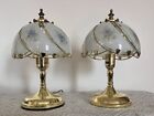 Vintage Pair Of Petite Floral Glass & Brass Touch Boudoir Touch Table Lamp