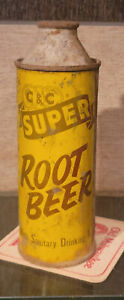 1950S C & C SUPER ROOT BEER CONE TOP SODA CAN CANTRELL & COCHRANE 5 CITY 6 INCH