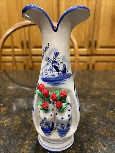 Vintage Delft Deco Hand Painted Holland Bud Vase w/ Clogs & Tulips