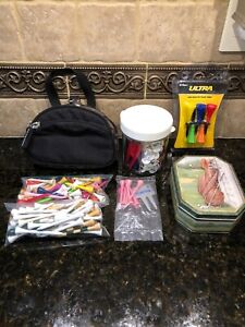 VARIOUS GOLF ITEMS - GOLF POUCH, TEES, MARKERS, PENCILS, DIVOT TOOL, ETC
