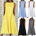 Womens Ladies Summer Sleeveless Cotton Linen Kaftan Baggy Midi Dress Plus Size