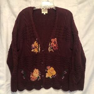 Vintage Susan Bristol Handknit Maroon Cardigan Sweater 80s/90s Floral Size XL