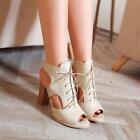 Womens Gladiator high Chunky Heel Lace up peep toe Sandals shoes Plus Size