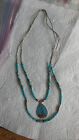 Vintage Costume TURQUOISE SILVER BEAD NECKLACE & Pendant, Double Strand