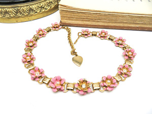 Vintage Gold Pink Enamel Rhinestone Flower Book Chain Style Choker Necklace RR67