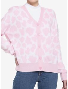 Hot Topic Womens Pink Cow Print Cardigan Sweater Size 1X Heart Buttons Western