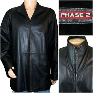 Vintage PHASE 2 Men's L Large Black Full Zip Leather Jacket with Zip Out Liner