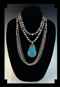 Spectacular Sterling Navajo Pearl Set with Large Kingman Turquoise Pendant