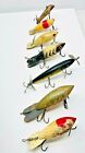 Vintage Fishing Lures Lot of 7 old wood 1 with lead weight in front 1 prop 5 bob