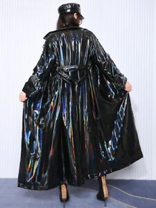 Extra Long Black Holographic Reflective Stretchy Soft PVC Leather Trench Coat