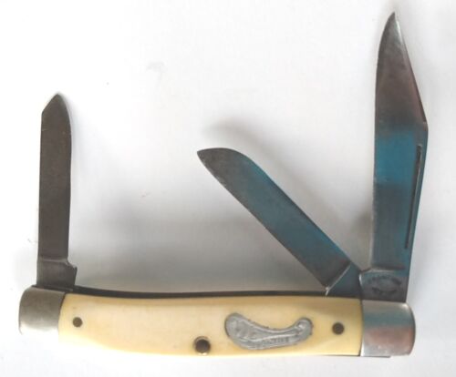 Vintage Frontier Knife USA 4132 Medium Stockman Powder Horn Off White Handles