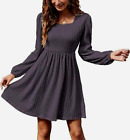 Womens Long Sleeve Knit Dress Square Neck Knee Length Casual Babydoll Gray D9