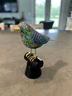 Vintage Cloisonne Brass BIRD 5 1/8” x 5.5” Sculpture Figurine On Wood Perch