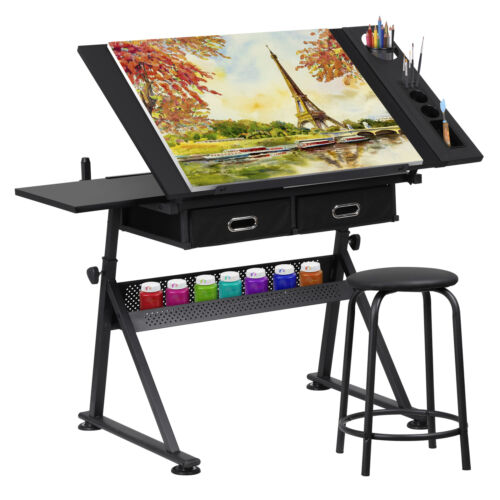 Drafting Table Drawing Desk Art Craft Workstation Adjustable with Stool Black