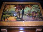 Vintage Wood Cigar/ Jewelry Box Footed With Applied  Cottage Scene On Lid