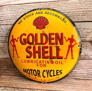 New ListingVintage Golden SHELL Motorcycle Lubricating Oil Porcelain Metal Sign