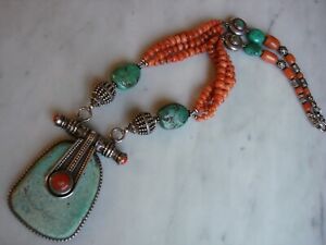 Antique Tibet Turquoise & Silver Pendant Coral Beads Turquoise Nugget Necklace