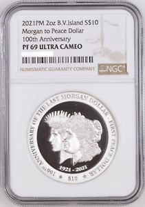 2021 BVI 100th Ann. Last Morgan & First Peace Dollar 2oz Silver Coin NGC PF 69 U