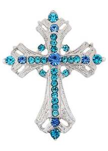 Silvery Tone Religious Cross Brooch Sparkling Aquamarine Crystal Rhinestones