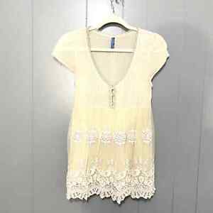 Free People Cream Babydoll Lace Embroidered Short Sleeve Boho Y2K Top S