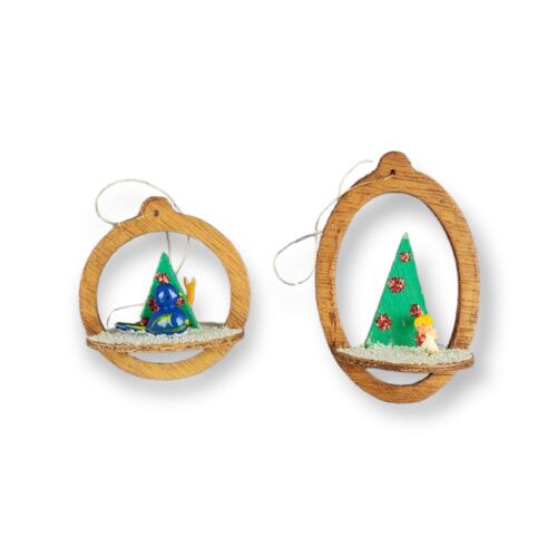New ListingVintage Wooden Diorama Folk Art Wood Christmas Ornaments (Pair) Bird & Snowman