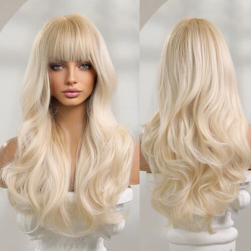 Element Platinum Blonde Hair Wigs with Bangs Women's Long Wavy Full Hair Wigs