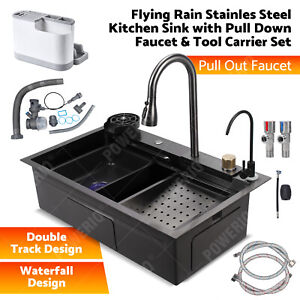 Flying Rain Stainles Steel Waterfall Kitchen Sink w Digital Faucet Black