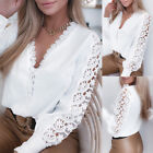 Womens V Neck Pullover Shirt Lace Long Sleeve Blouse Office Ladies Casual Tops