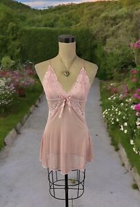 Pink Sheer Lace Mesh Babydoll Top Mini Slip Dress Fairy Coquette Bows Y2K Boho S