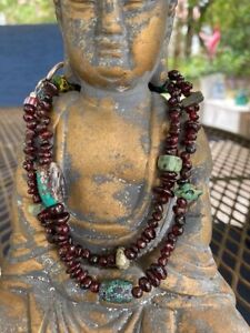 Garnet Necklace With Antique Turquoise and Trade Beads With SS Hook Clasp