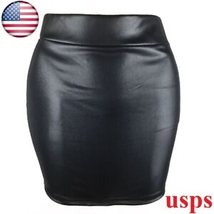 Womens Sexy PU Leather Slit Mini Skirt High Waist Tight Stretch Wet Look Skirts