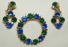 Gold Tone Brooch Pin Earring Set Blue Green Rhinestones Clip on Unsigned