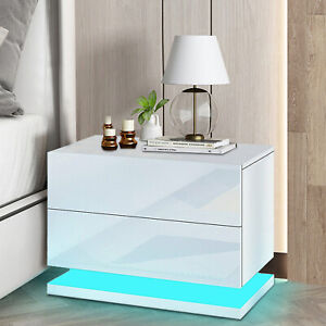 Bedroom Modern High Gloss LED Light Nightstand Bedside End Table with 2 Drawers
