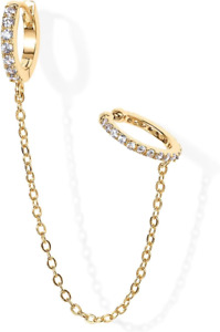 14K Gold Chain Earrings for Women | Double Piercing Dangle Chain Huggie Hoop Ear