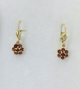 14k Solid Yellow Gold Dangle Leverback Earrings Natural Round Garnet 1.39CT1.55G