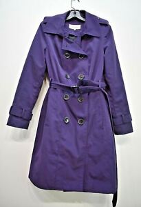 Calvin Klein Womens Purple Double Breasted Slash Pocket Belted Trench Coat S