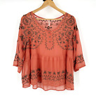 Free People Womens Embroidered Babydoll Top Size Large Crepe Peach Boho Hippie