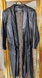 G-111 Vtg 80's Women's Sz Medium Black Genuine Long  Leather Jacket Trenchcoat