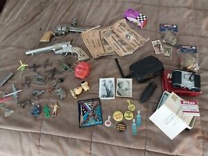 Vintage  Junk Drawer Lot ! Toys, cap guns, Nikon, pictures,  trading cards, more