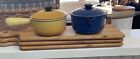 New Listing4 Pc Vintage Le CREUSET #14 Blue & Yellow Cast Iron Enamel Sauce Pans w/Lids