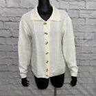 Vintage Cable Knit Acrylic Sweater Grandma Ivory Wooden Buttons USA M Collared