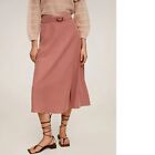 MANGO Women's Size XS Dusty Pink Belted A-Line Midi Skirt with Belt Side Slit S